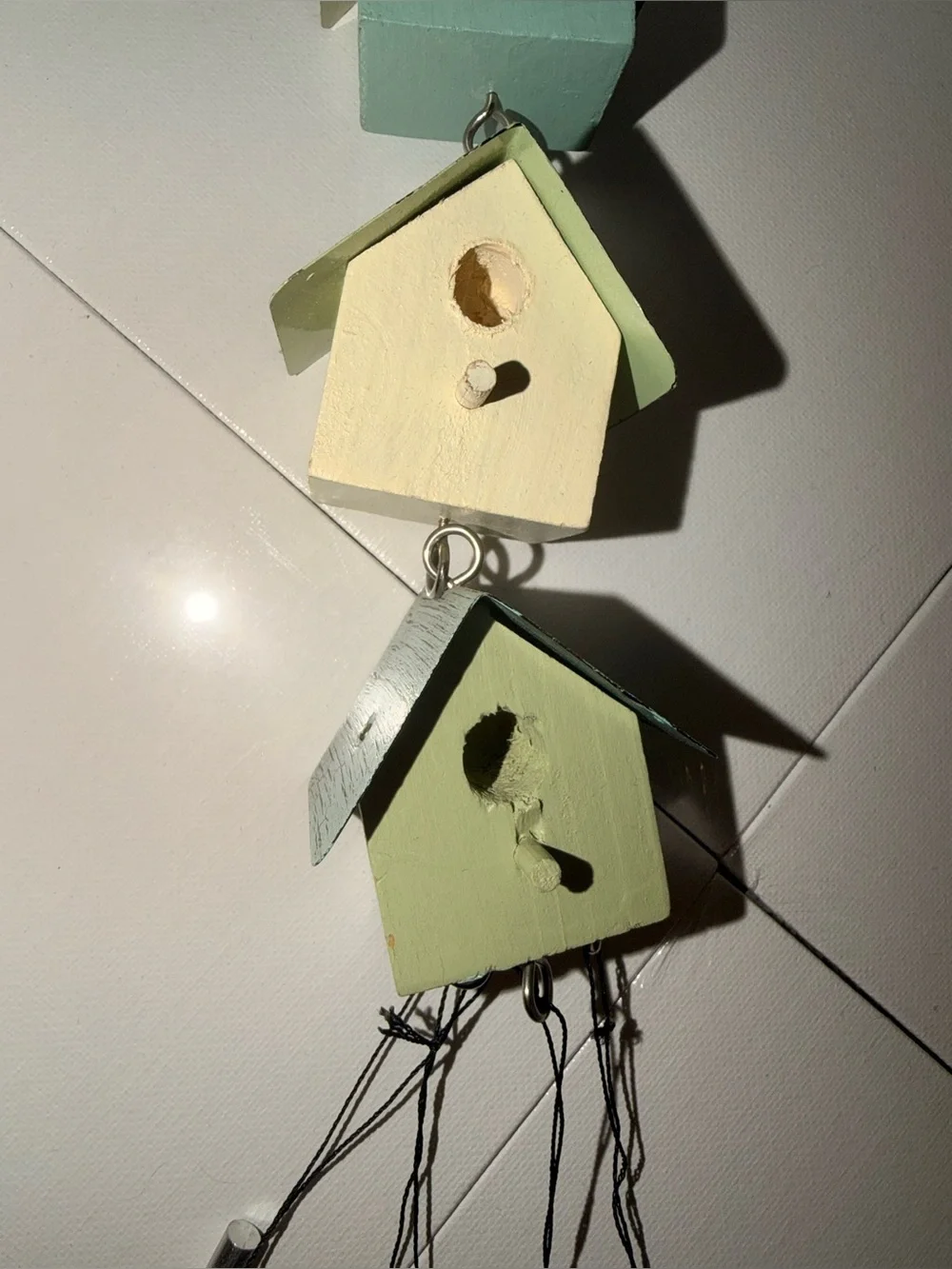 Trio of Rustic Pastel Birdhouse Wind Chimes.  Multi Colored Green/Blue/Yellow